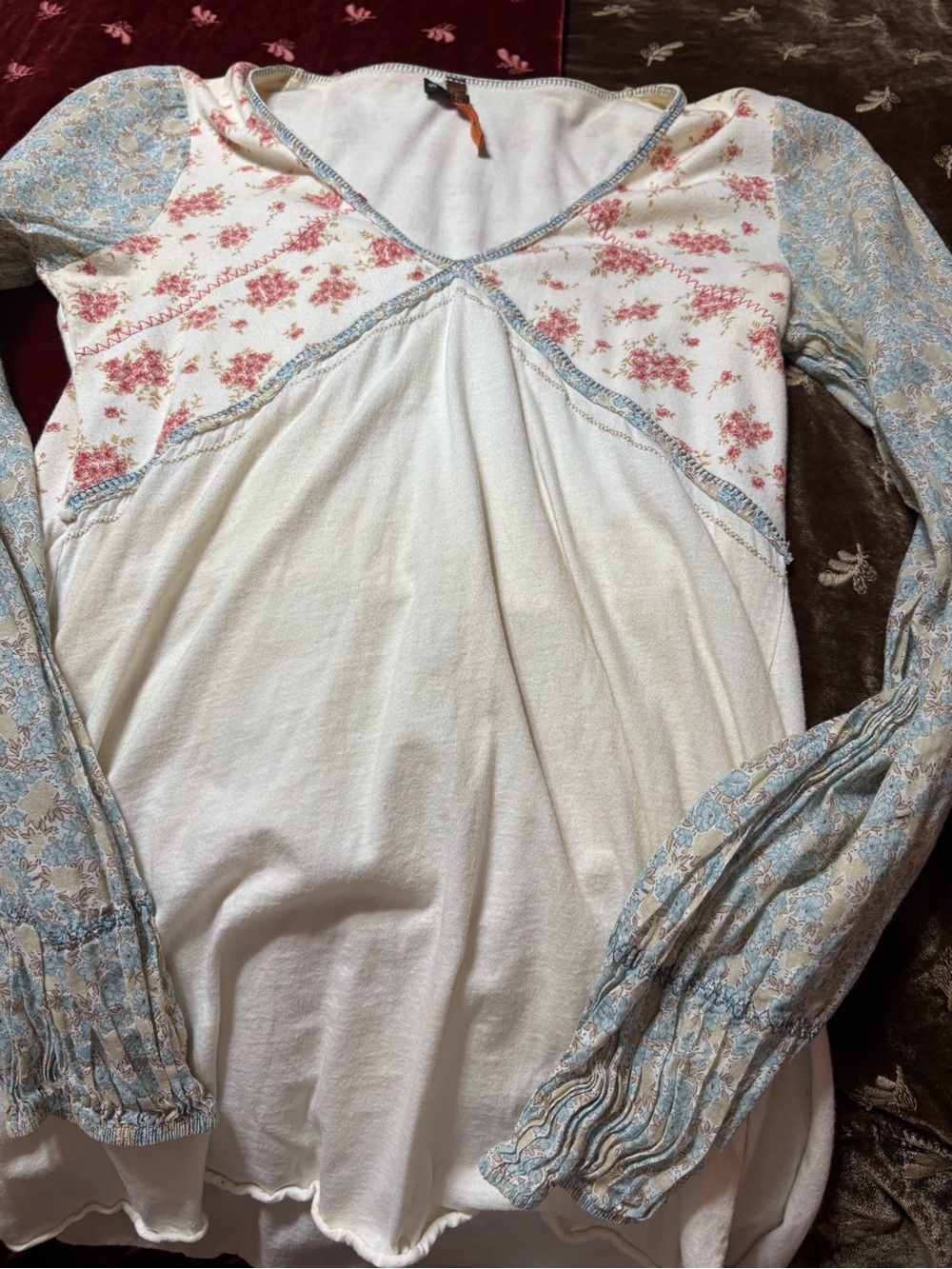 Women's Long Sleeve Floral Paneled Top - White with Pink & Light Blue
